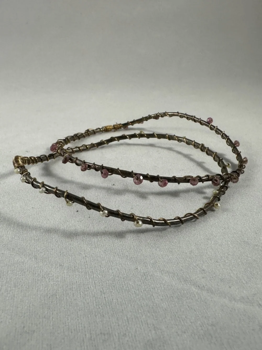 Set of 2 Wire-Wrapped Bangle Bracelets with Pink Tourmaline & Pearl Beads